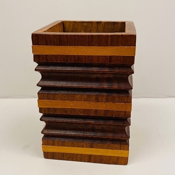 Wooden box storage wood brush holder pen holder striped dimensional office - Picture 2 of 9